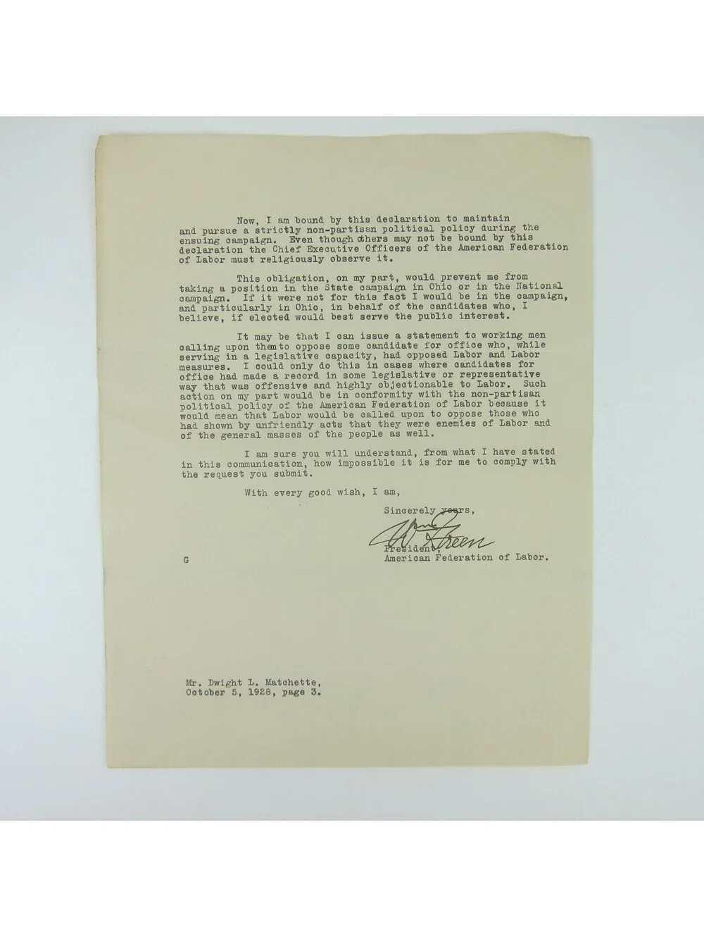 Letter William Green American Federation of Labor Dwight Matchette Ohio 1928 Vtg